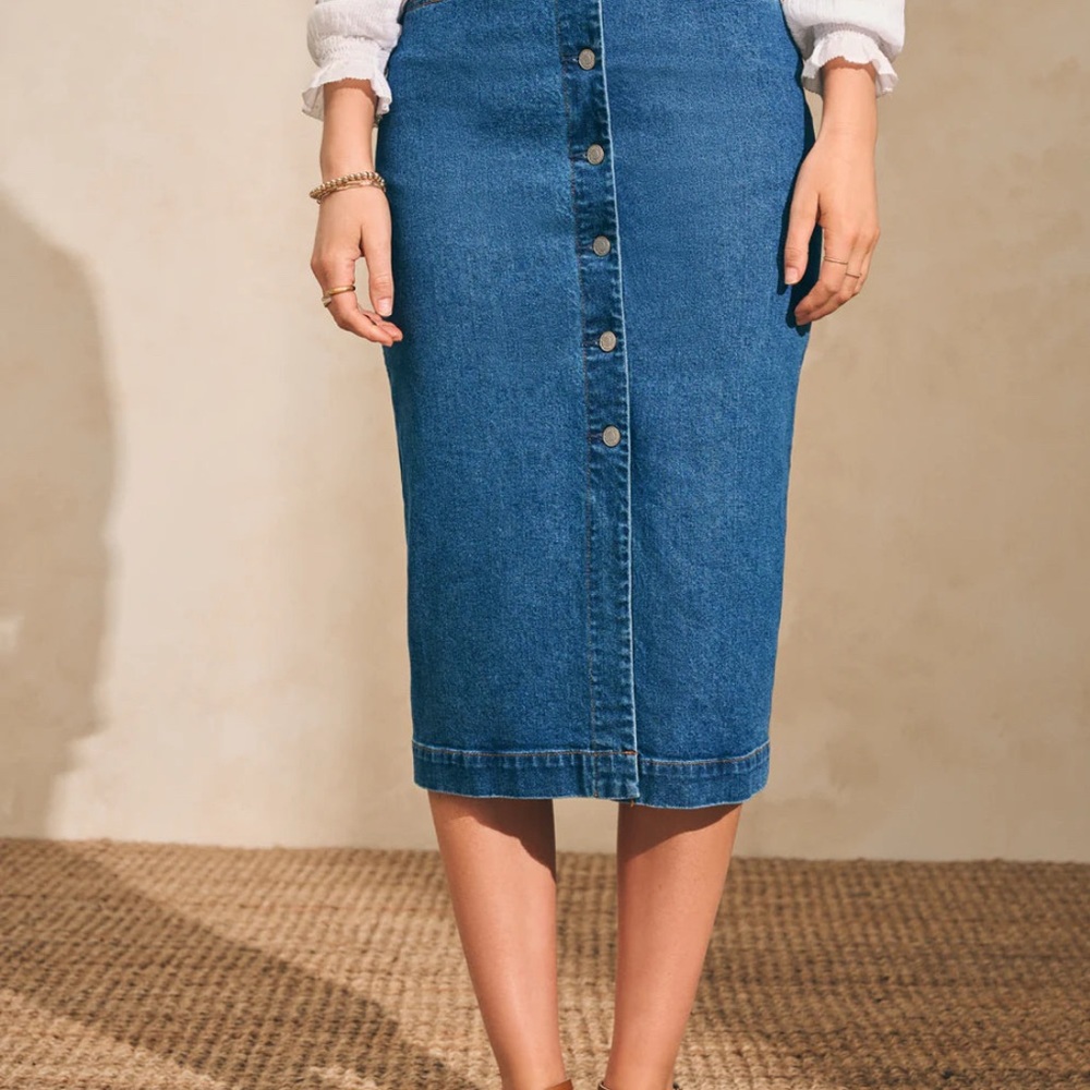 Faherty Blue Button-Front Midi Skirt